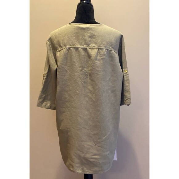 Ellen Tracy Blouse 100% Linen Sz Large Gray Green Top Tunic Front Pockets Hi Low - Picture 6 of 11